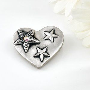 Pewter Vintage Brooch, Heart & Stars, Vintage Costume Jewelry